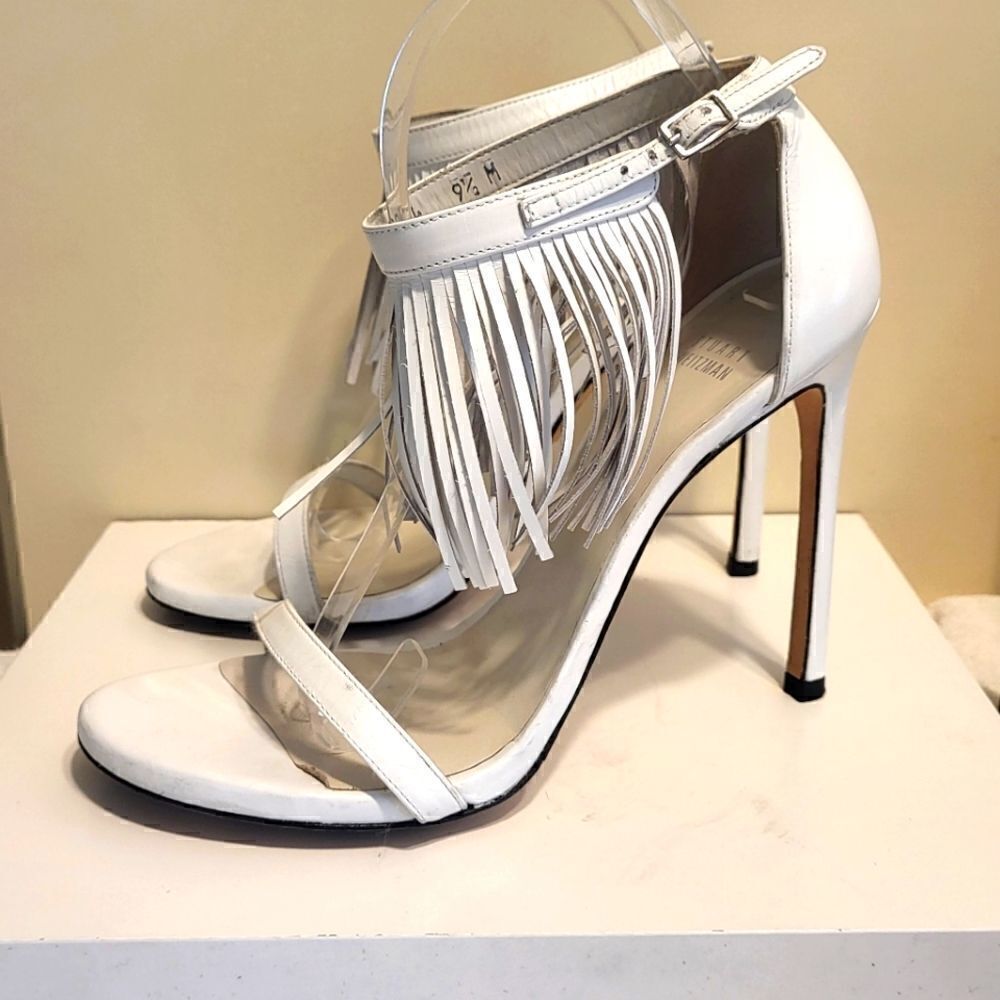Stuart Weitzman "The Naked" White Leather Fringe Stiletto Sandals Sz.9.5 $475